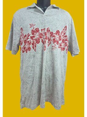 Caribbean Supima Hawaiian Shirt Large - Red Floral Print & Gray Leaf Pattern